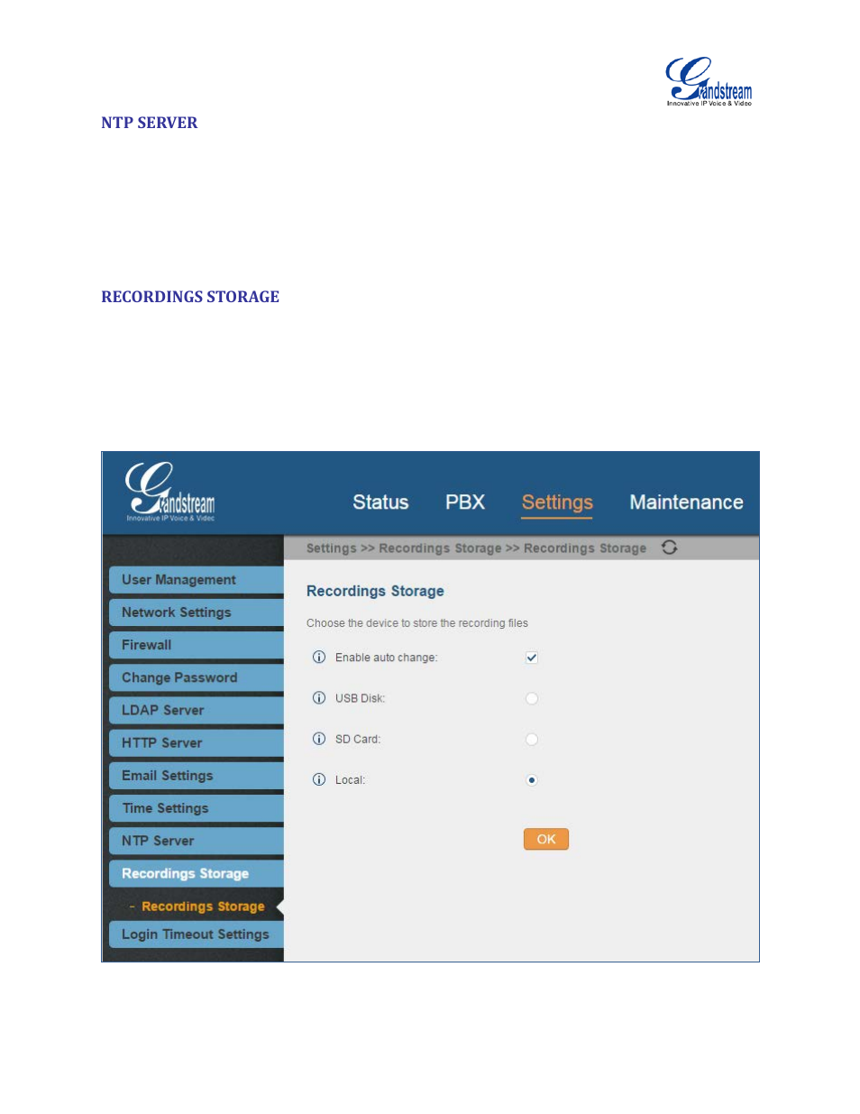 Ntp server, Recordings storage, Figure 54: settings->recordings storage | Grandstream UCM6100 User Manual for 1.0.9.25 User Manual | Page 87 / 306