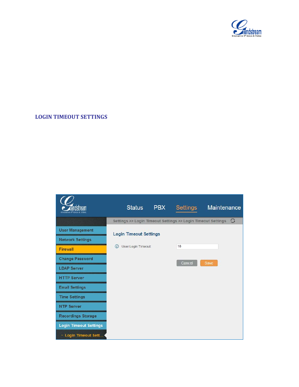 Login timeout settings, Figure 57: login timeout settings | Grandstream UCM6100 User Manual for 1.0.9.25 User Manual | Page 89 / 306