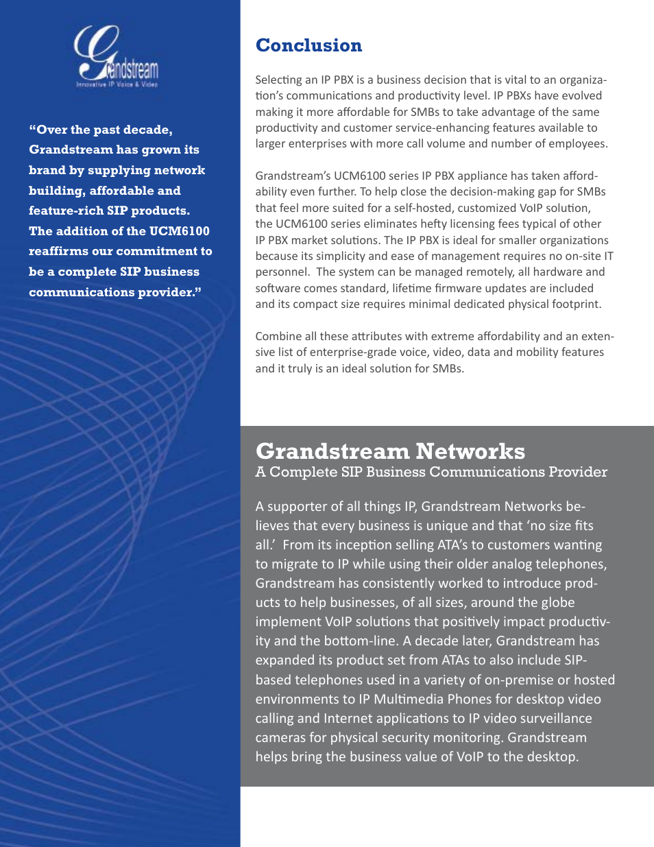 Grandstream networks, Conclusion | Grandstream UCM6100 series IP PBX Buyer's Guide User Manual | Page 13 / 15