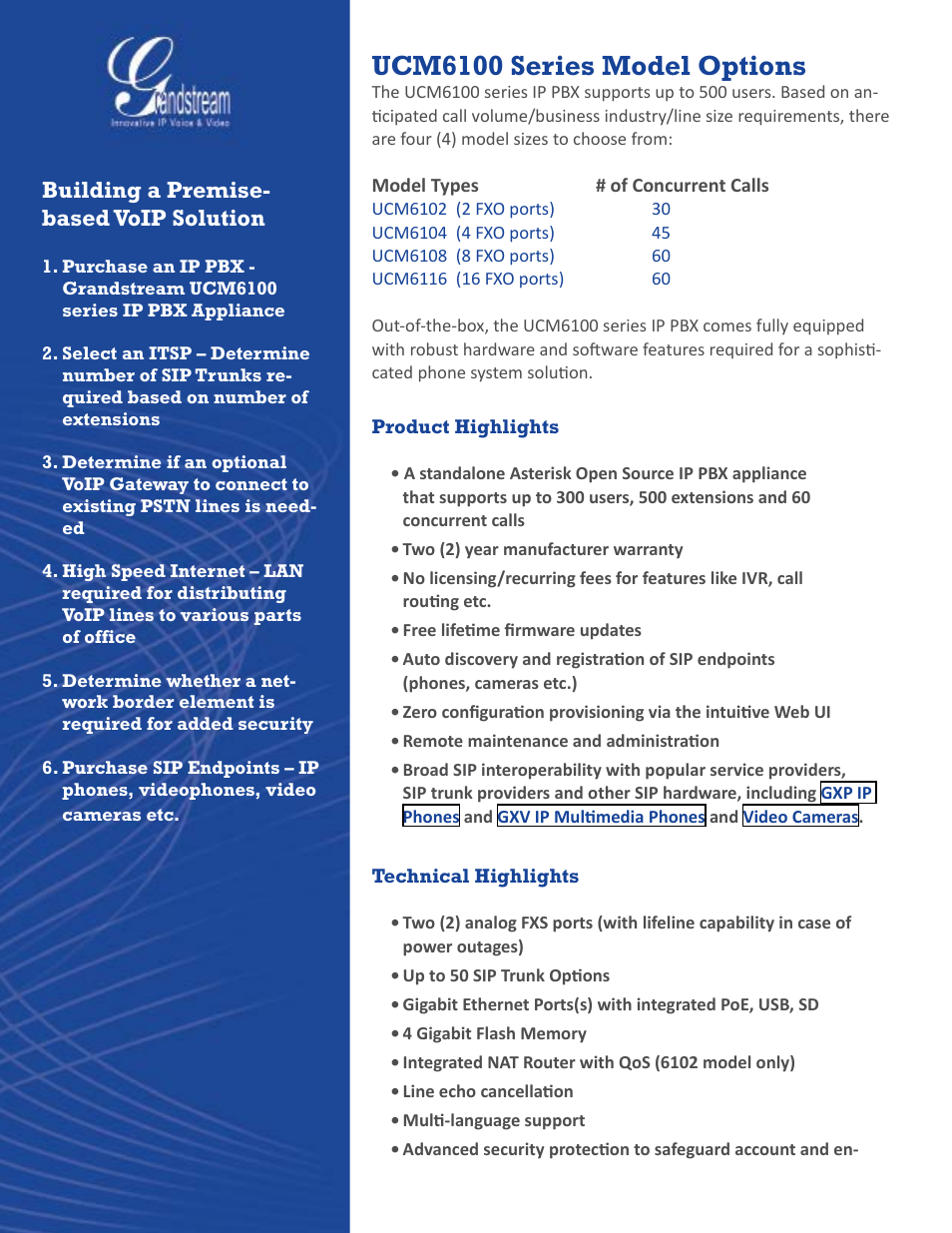 Ucm6100 series model options, Building a premise- based voip solution | Grandstream UCM6100 series IP PBX Buyer's Guide User Manual | Page 5 / 15