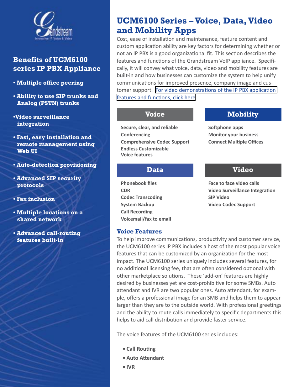 Benefits of ucm6100 series ip pbx appliance, Voice data mobility video | Grandstream UCM6100 series IP PBX Buyer's Guide User Manual | Page 8 / 15