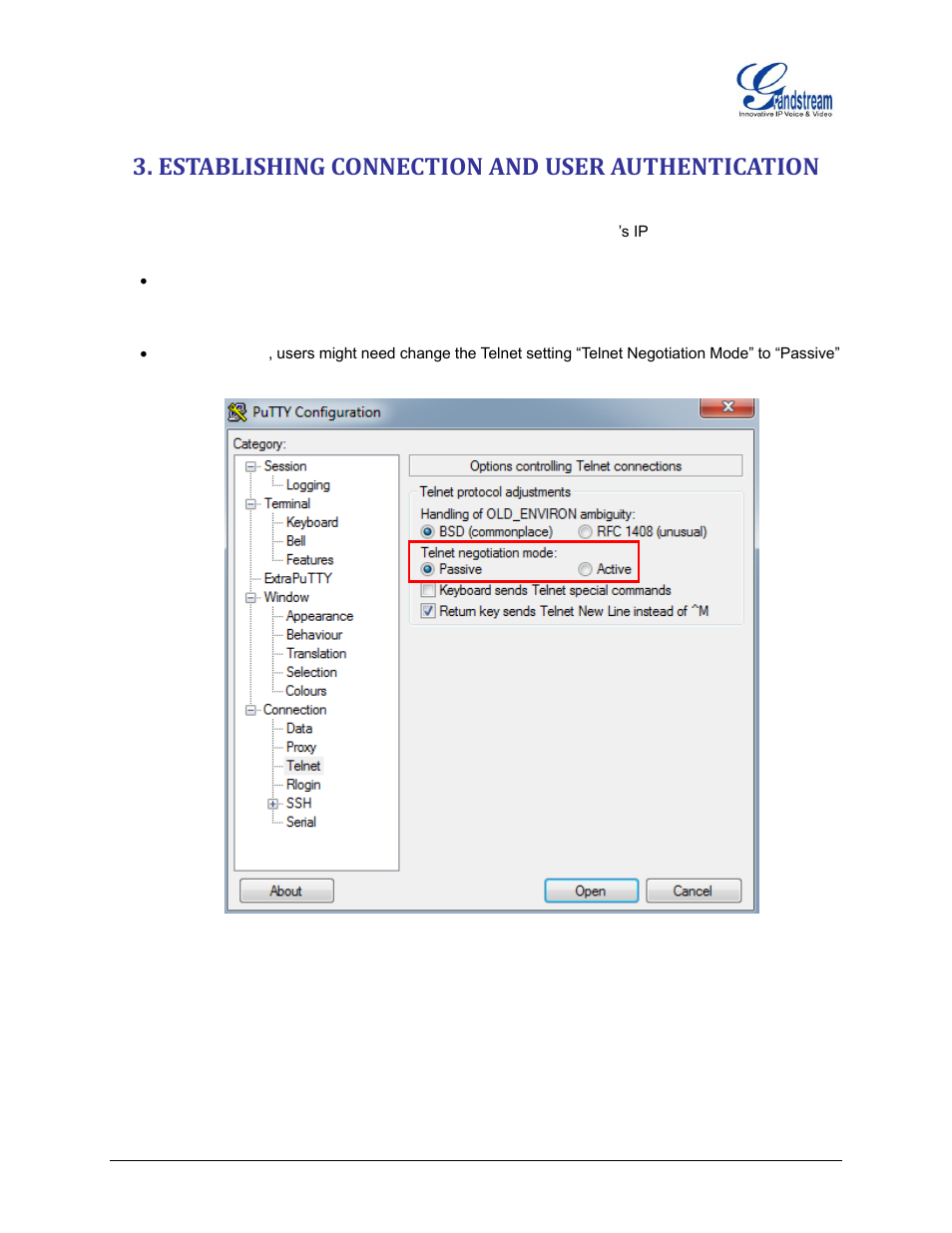 Establishing connection and user authentication, Figure 6: telnet settings in putty | Grandstream UCM6100 Asterisk Manager Interface (AMI) Guide User Manual | Page 10 / 15
