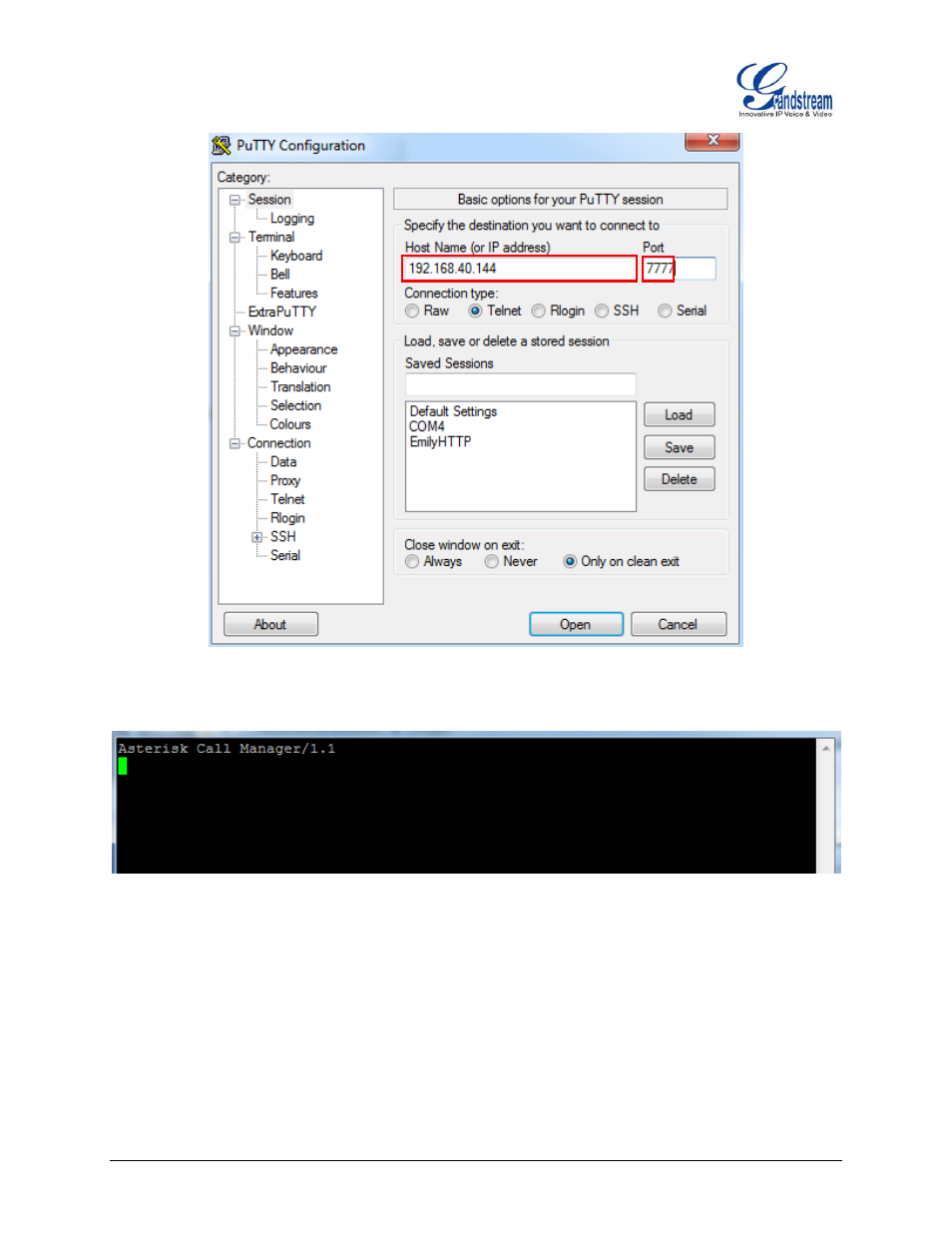 Figure 7: telnet connection using putty, Figure 8: telnet connection to ami using tcp | Grandstream UCM6100 Asterisk Manager Interface (AMI) Guide User Manual | Page 11 / 15