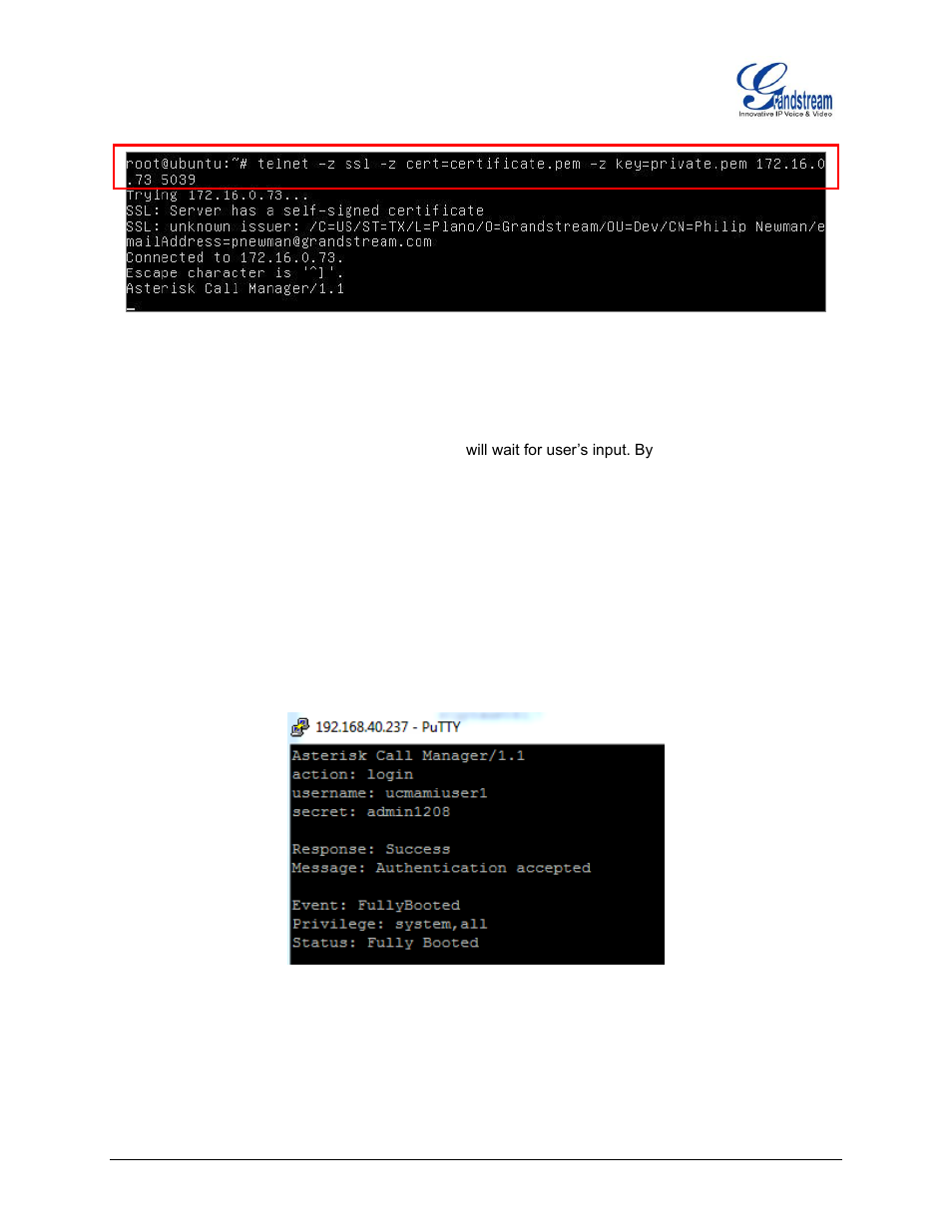 Figure 9: telnet connection to ami using tls, Figure 10: user authentication successful | Grandstream UCM6100 Asterisk Manager Interface (AMI) Guide User Manual | Page 12 / 15