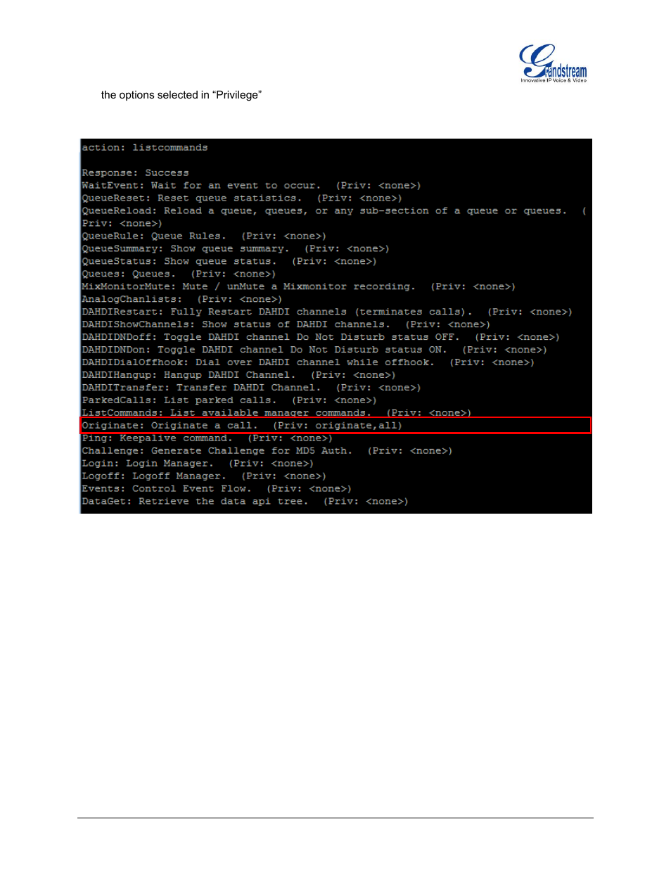 Figure 11: ami command example | Grandstream UCM6100 Asterisk Manager Interface (AMI) Guide User Manual | Page 13 / 15