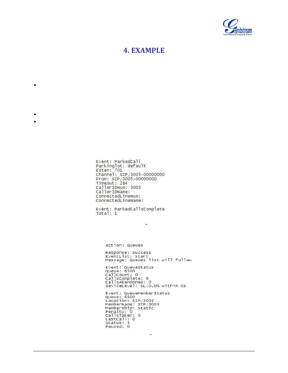 Example, Figure 12: example 1, Parked call status | Figure 13: example 2, Queue status | Grandstream UCM6100 Asterisk Manager Interface (AMI) Guide User Manual | Page 14 / 15