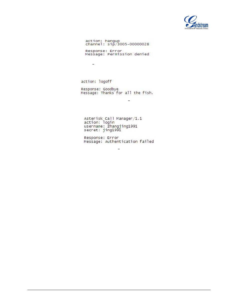 Figure 14: example 3, Figure 15: example 4, Log off | Figure 16: example 5, Authentication failed | Grandstream UCM6100 Asterisk Manager Interface (AMI) Guide User Manual | Page 15 / 15