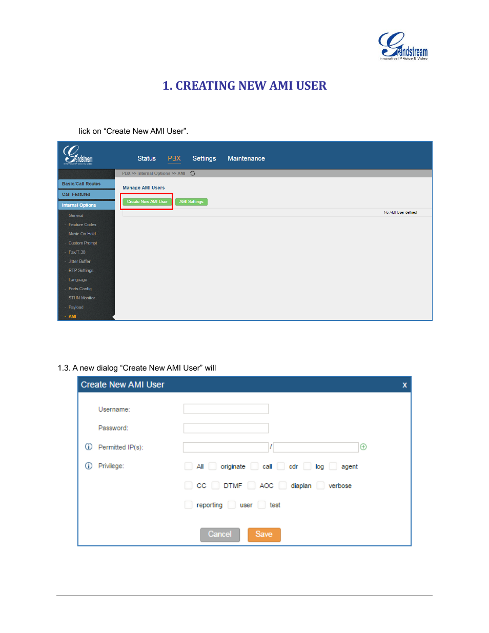 Creating new ami user, Figure 1: web ui->internal options->ami, Figure 2: create new ami user dialog | Grandstream UCM6100 Asterisk Manager Interface (AMI) Guide User Manual | Page 5 / 15