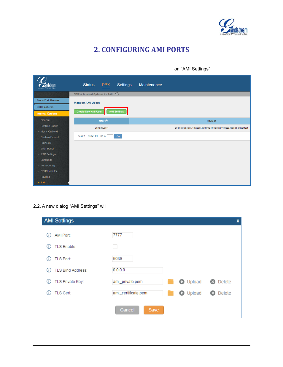 Configuring ami ports, Figure 4: ami settings, Figure 5: ami settings dialog | Grandstream UCM6100 Asterisk Manager Interface (AMI) Guide User Manual | Page 8 / 15