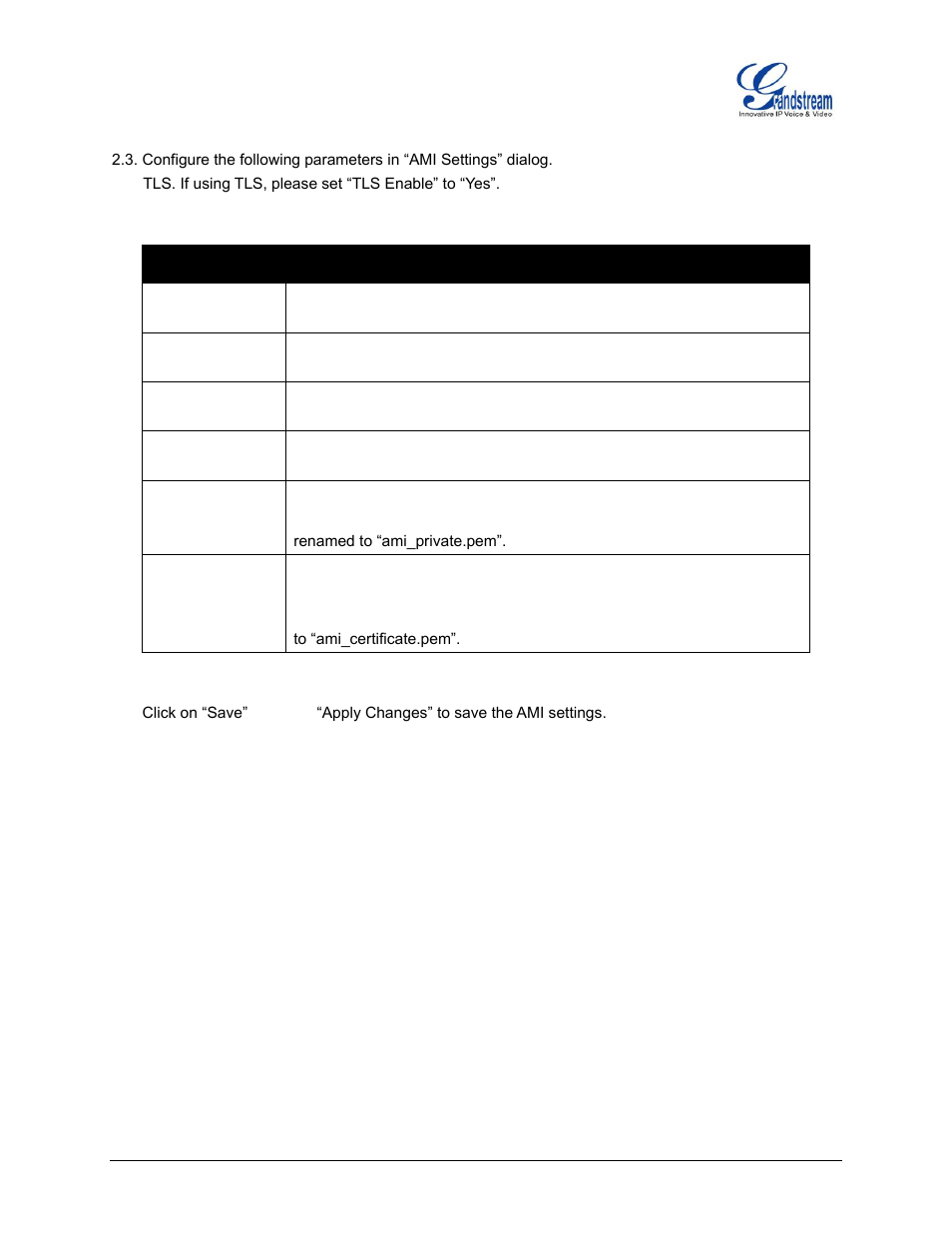 Table 2: ami settings parameters | Grandstream UCM6100 Asterisk Manager Interface (AMI) Guide User Manual | Page 9 / 15