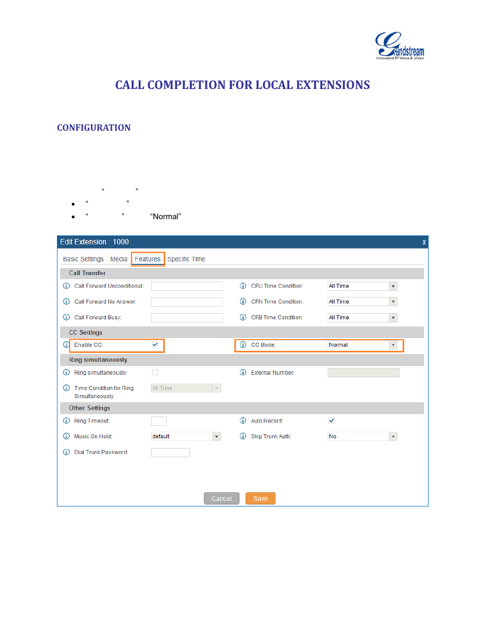 Call completion for local extensions, Configuration, Figure 1: enable call completion for extensions | Grandstream UCM6100 Busy Camp-on Guide User Manual | Page 4 / 11