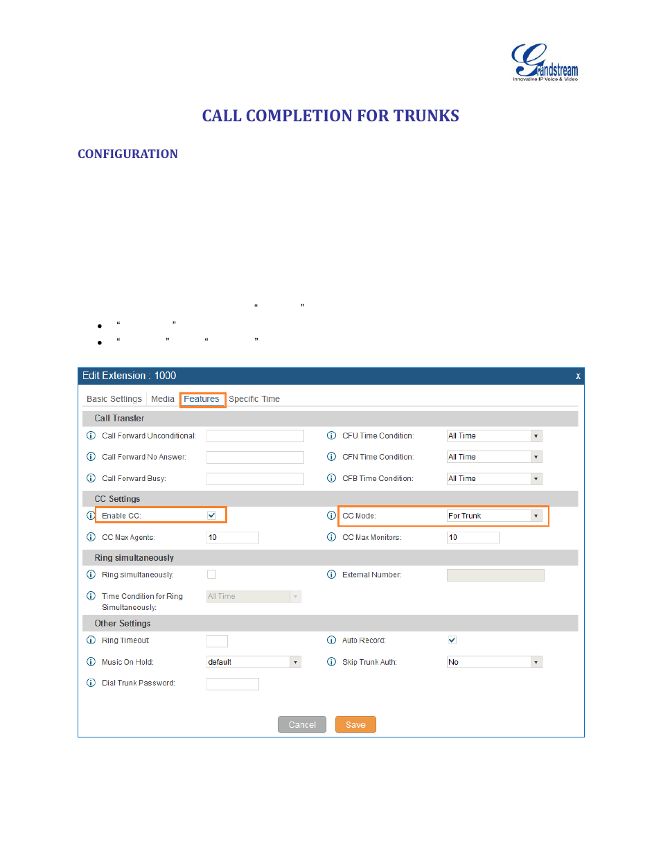 Call completion for trunks, Configuration | Grandstream UCM6100 Busy Camp-on Guide User Manual | Page 7 / 11