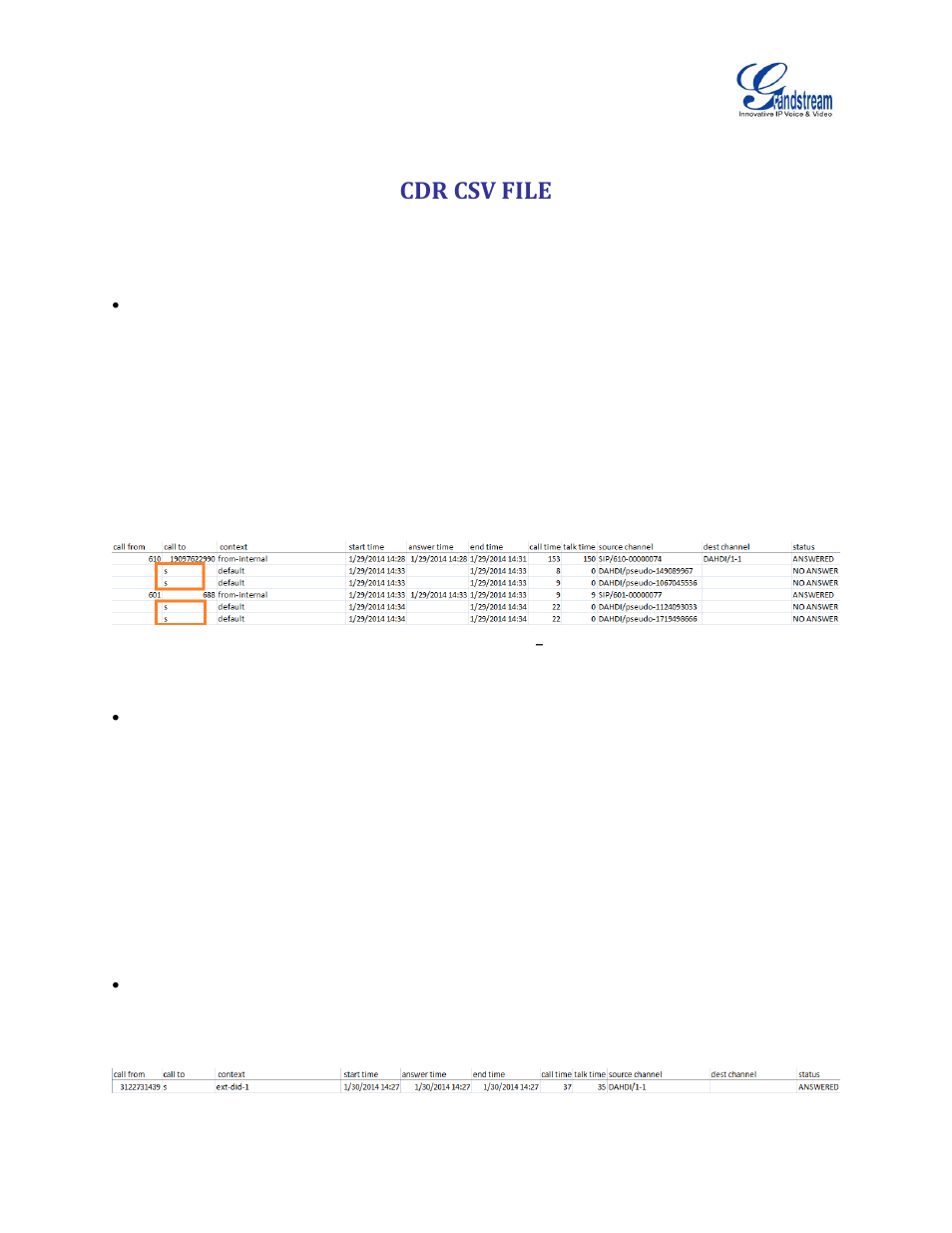 Cdr csv file, Figure 3: downloaded cdr file sample, Call to shows "s | Grandstream UCM6100 Series IP PBX Appliance CDR API Guide User Manual | Page 7 / 18
