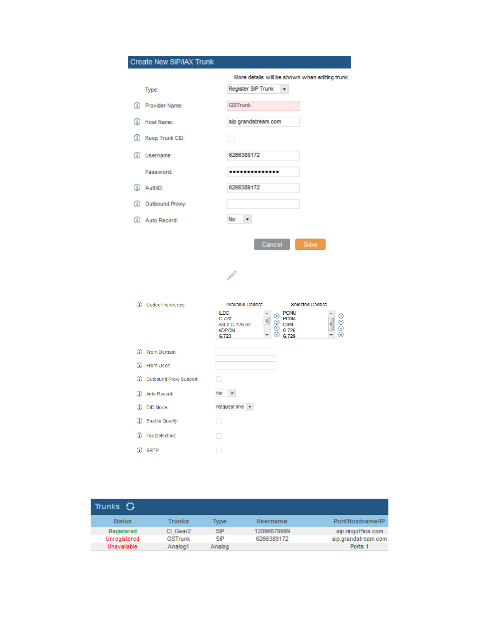 Figure 23: voip trunks – edit voip trunk, Figure 24: status – trunks | Grandstream UCM6100 series Initial Setup Guide User Manual | Page 18 / 21