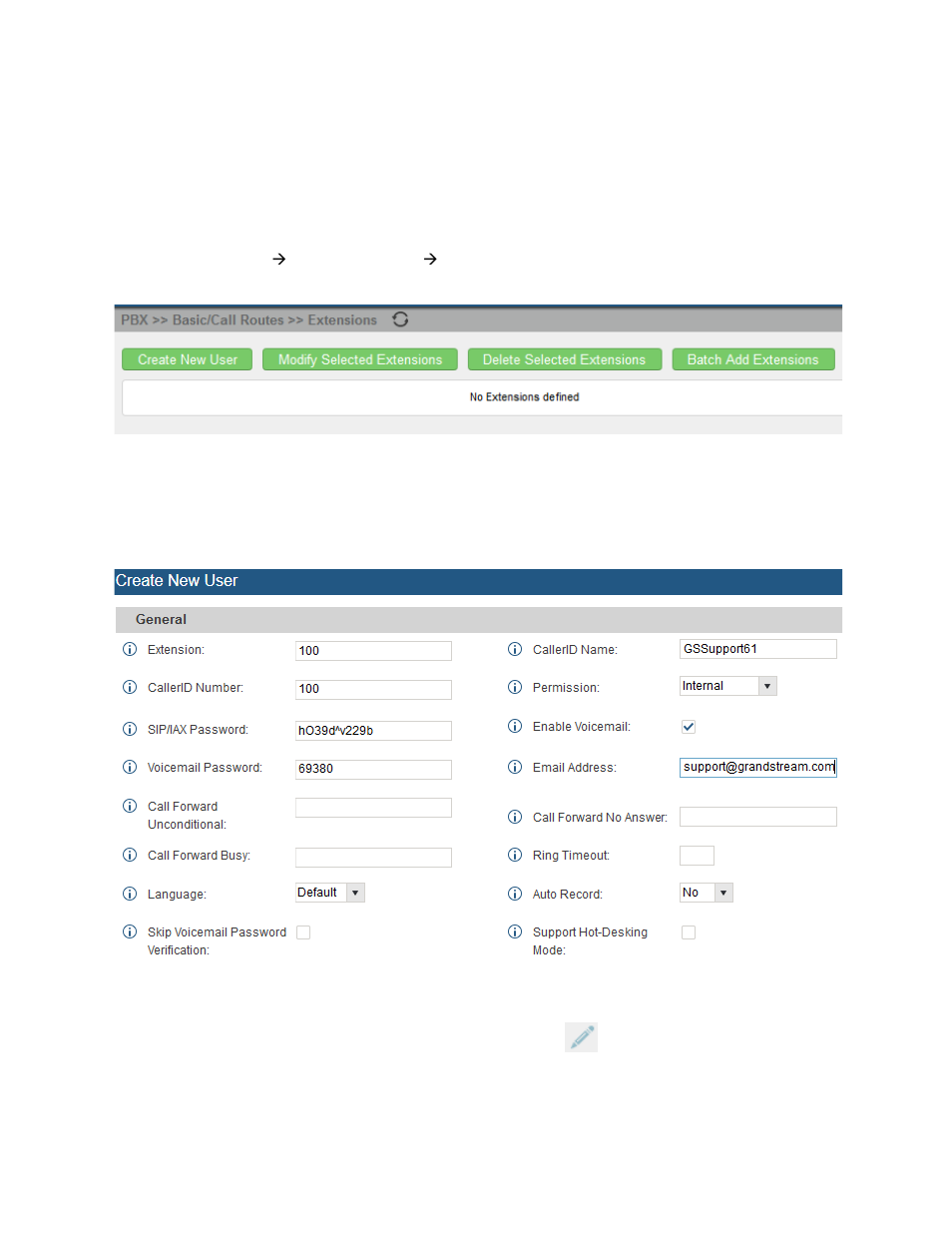Batch & single user creation, Steps on adding single user, Figure 5: create user extension – extensions | Figure 6: create user extension – create new user | Grandstream UCM6100 series Initial Setup Guide User Manual | Page 7 / 21