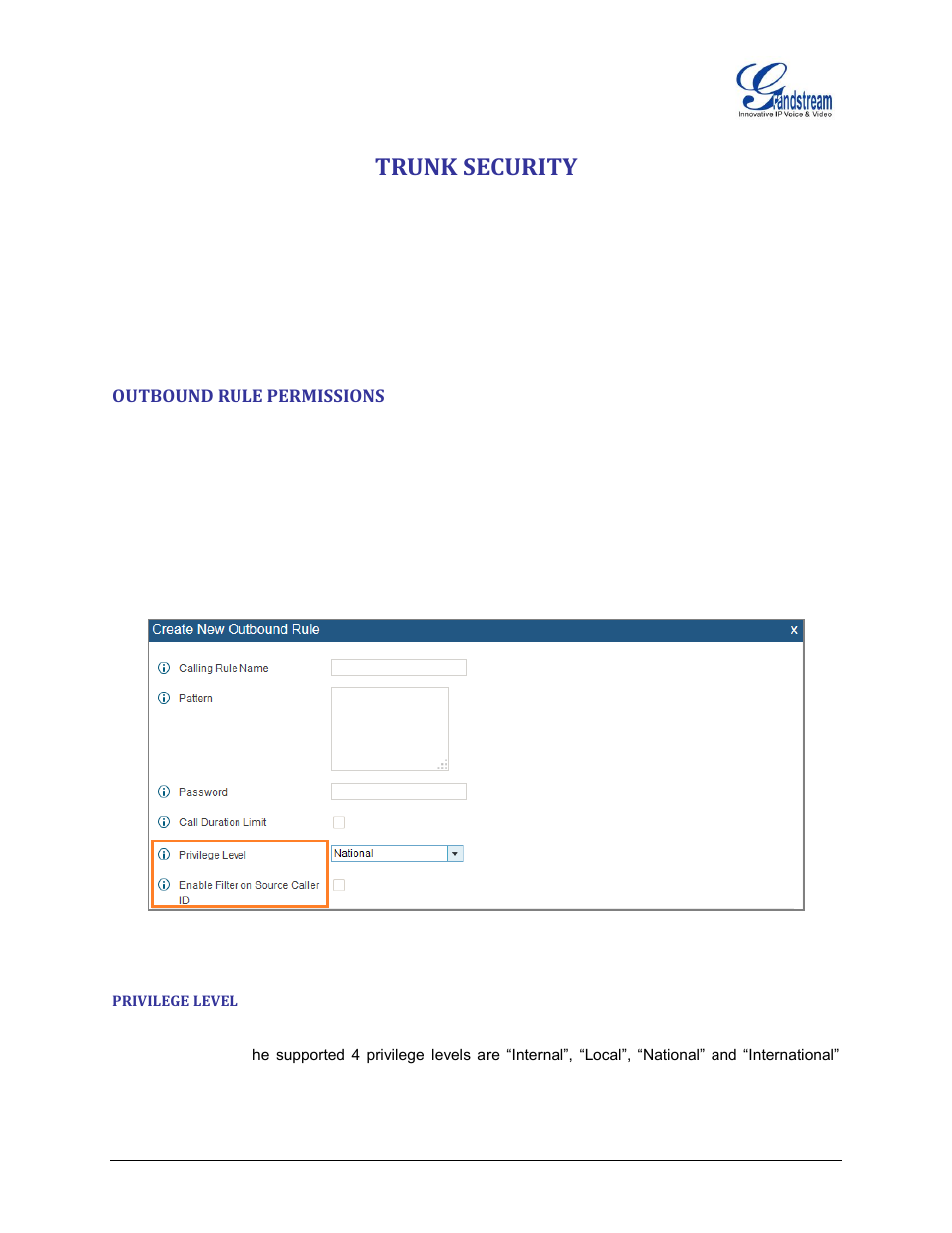 Trunk security, Outbound rule permissions, Privilege level | Figure 5: outbound rule permissions | Grandstream UCM6100 Security Manual User Manual | Page 12 / 24