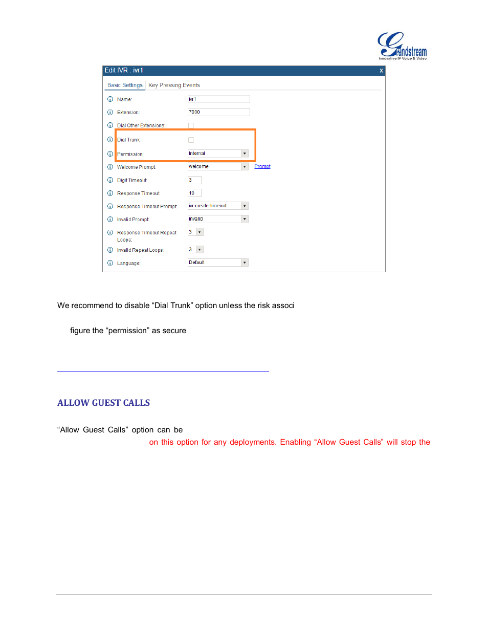 Allow guest calls, Figure 7: ivr dial trunk | Grandstream UCM6100 Security Manual User Manual | Page 14 / 24