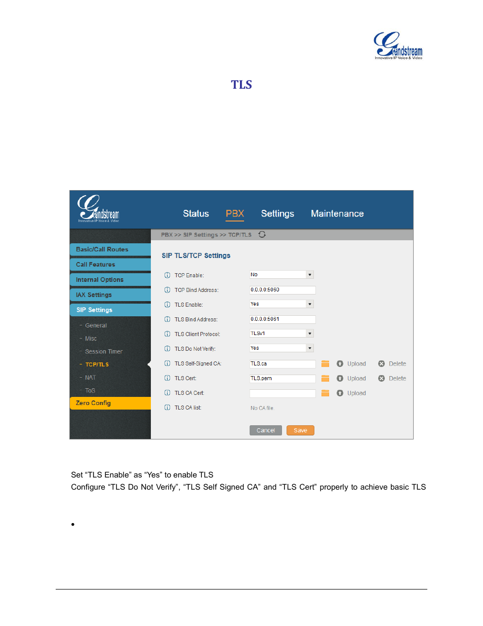Figure 8: pbx->sip settings->tcp/tls | Grandstream UCM6100 Security Manual User Manual | Page 15 / 24