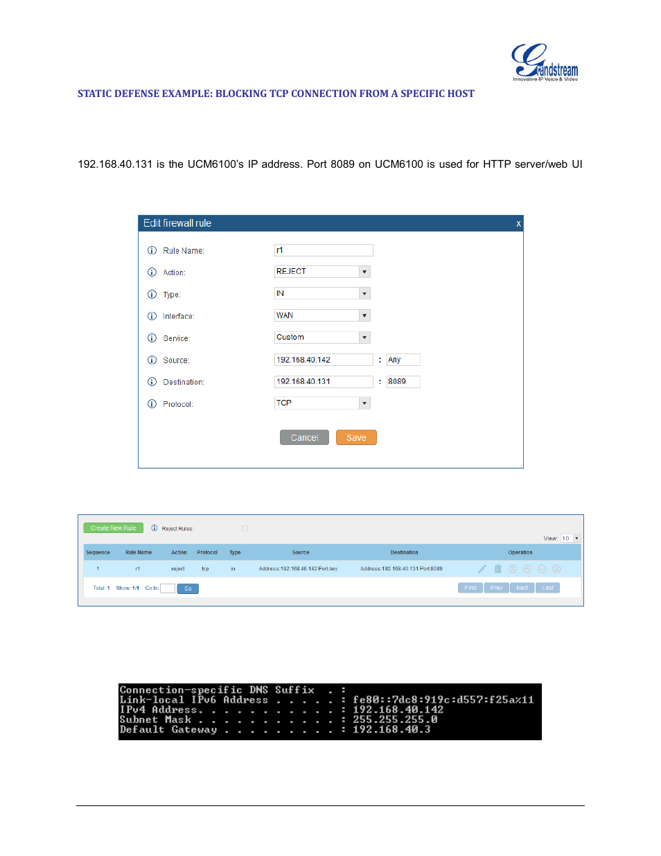 Figure 9: firewall rule custom configuration | Grandstream UCM6100 Security Manual User Manual | Page 18 / 24