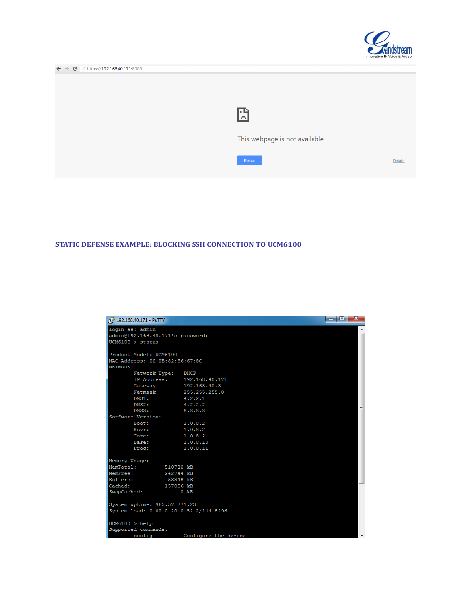 Figure 11: host blocked by ucm6100, Figure 12: ucm6100 ssh access | Grandstream UCM6100 Security Manual User Manual | Page 19 / 24