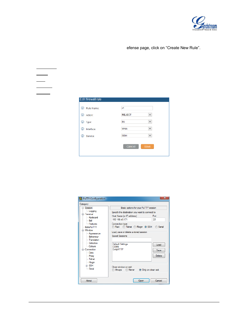 Figure 13: block ssh connection, Figure 14: putty setup for ssh connection | Grandstream UCM6100 Security Manual User Manual | Page 20 / 24
