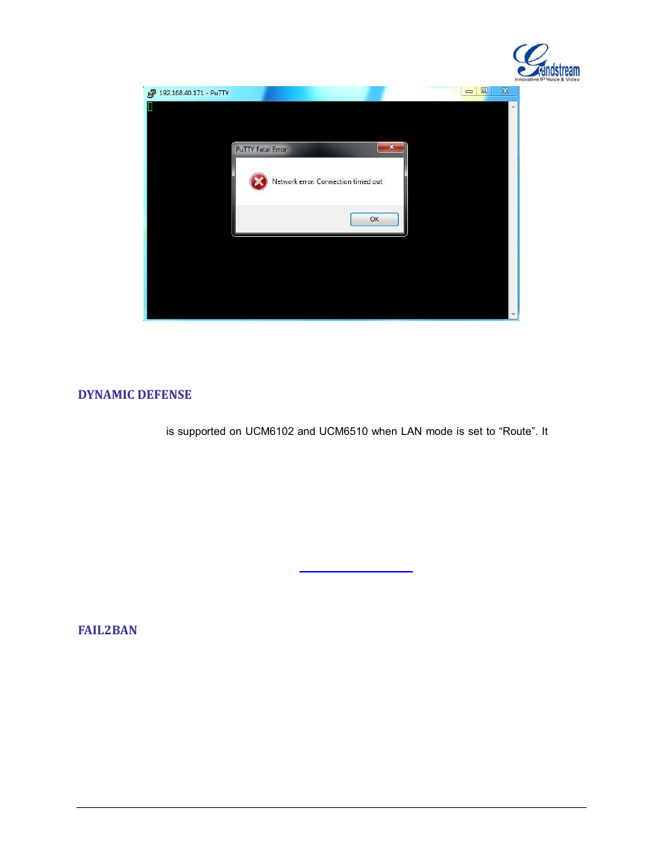 Dynamic defense, Fail2ban, Figure 15: ssh connection blocked by ucm6100 | Grandstream UCM6100 Security Manual User Manual | Page 21 / 24