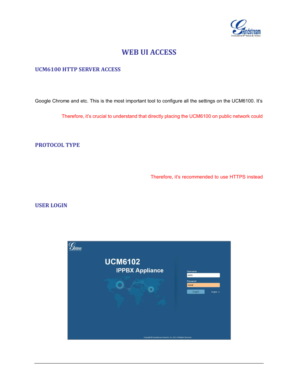 Web ui access, Ucm6100 http server access, Protocol type | User login, Figure 1: ucm6102 web ui login | Grandstream UCM6100 Security Manual User Manual | Page 5 / 24