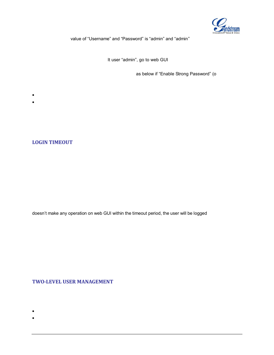 Login timeout, Two-level user management | Grandstream UCM6100 Security Manual User Manual | Page 6 / 24