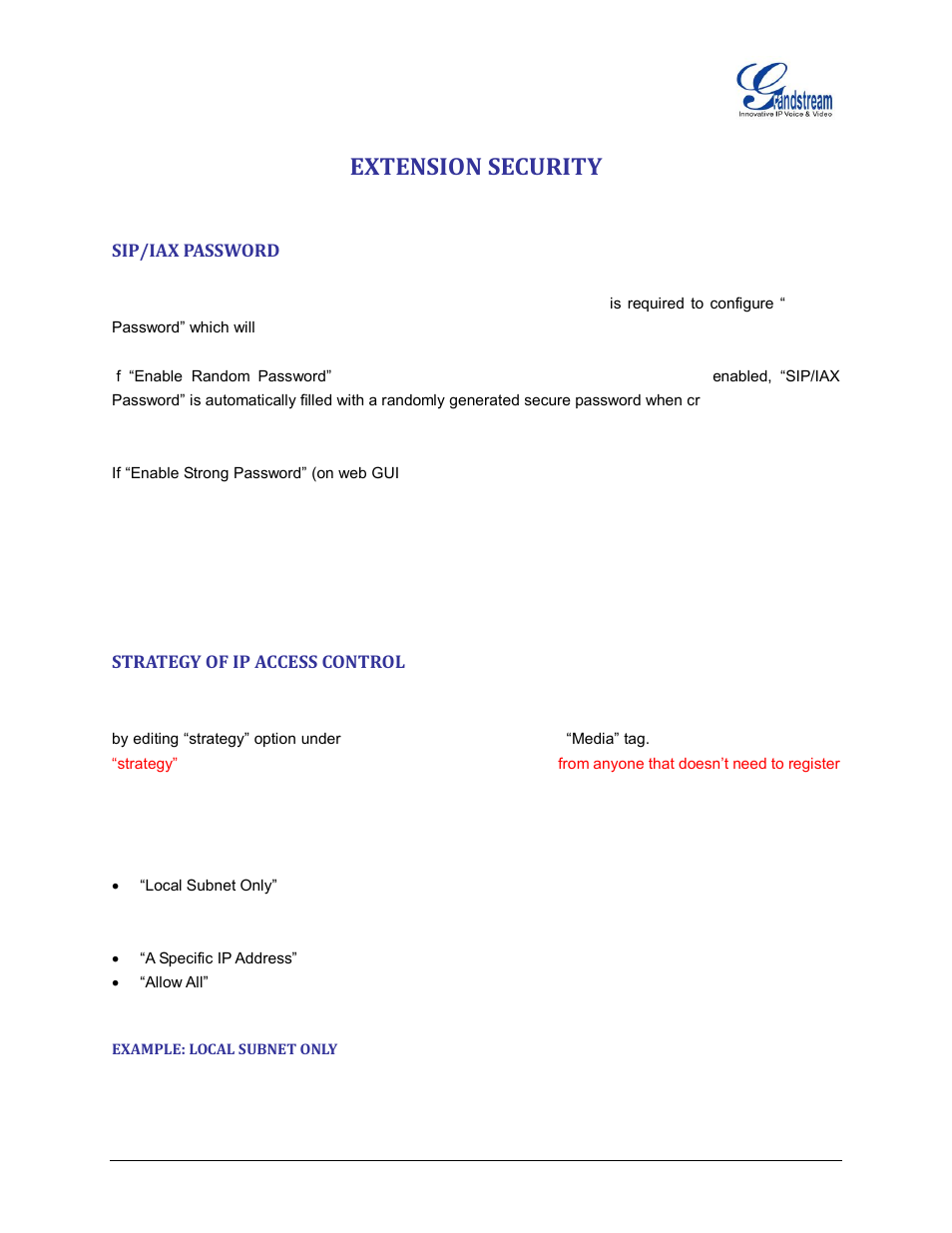 Extension security, Sip/iax password, Strategy of ip access control | Example: local subnet only | Grandstream UCM6100 Security Manual User Manual | Page 8 / 24