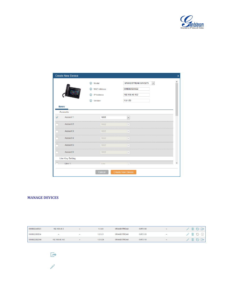 Manage devices, Figure 62: create new device, Figure 63: manage devices | Grandstream UCM6510 User Manual User Manual | Page 100 / 314