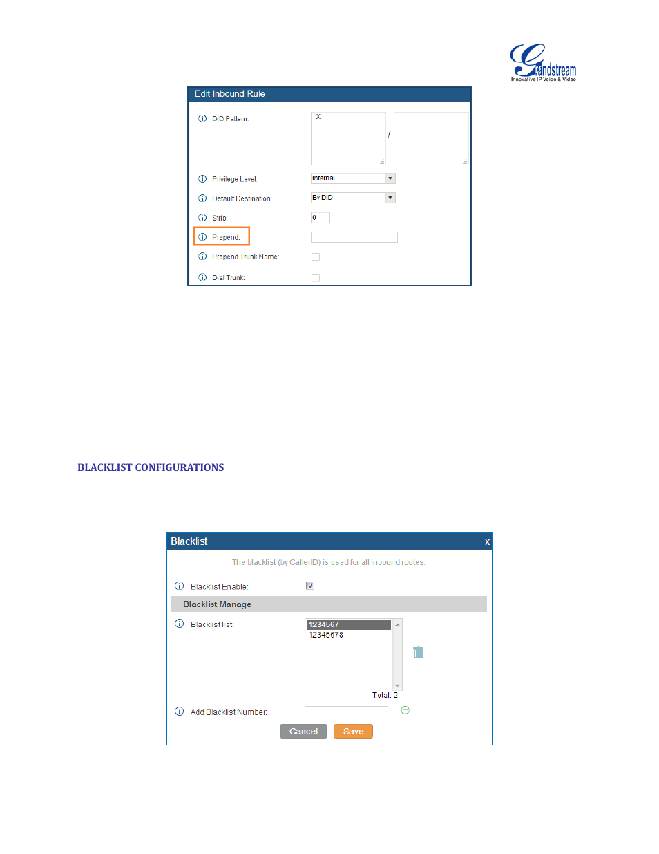 Blacklist configurations, Figure 98: inbound route feature: prepend, Figure 99: blacklist configuration parameters | Grandstream UCM6510 User Manual User Manual | Page 186 / 314