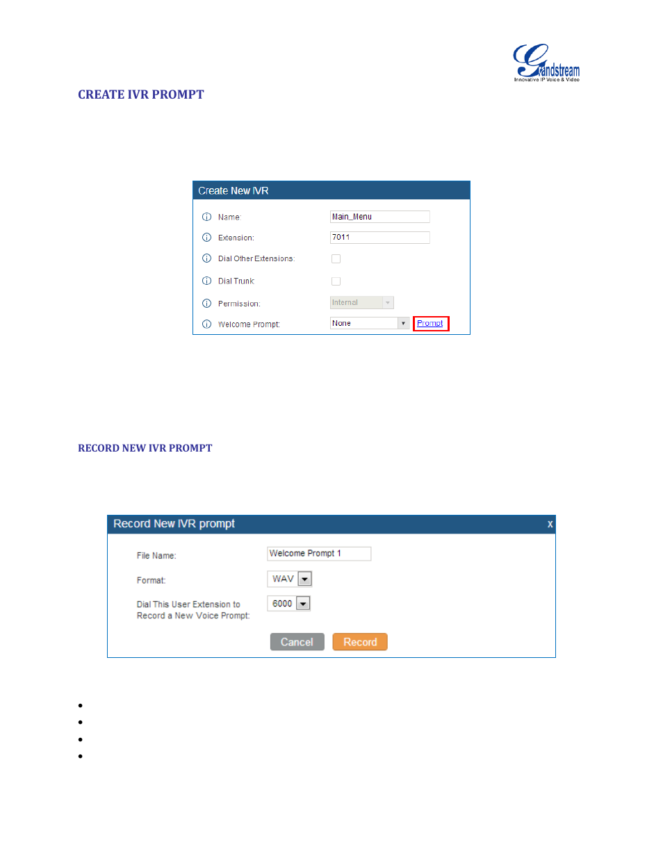 Create ivr prompt, Record new ivr prompt, Figure 102: click on prompt to create ivr prompt | Figure 103: record new ivr prompt | Grandstream UCM6510 User Manual User Manual | Page 196 / 314