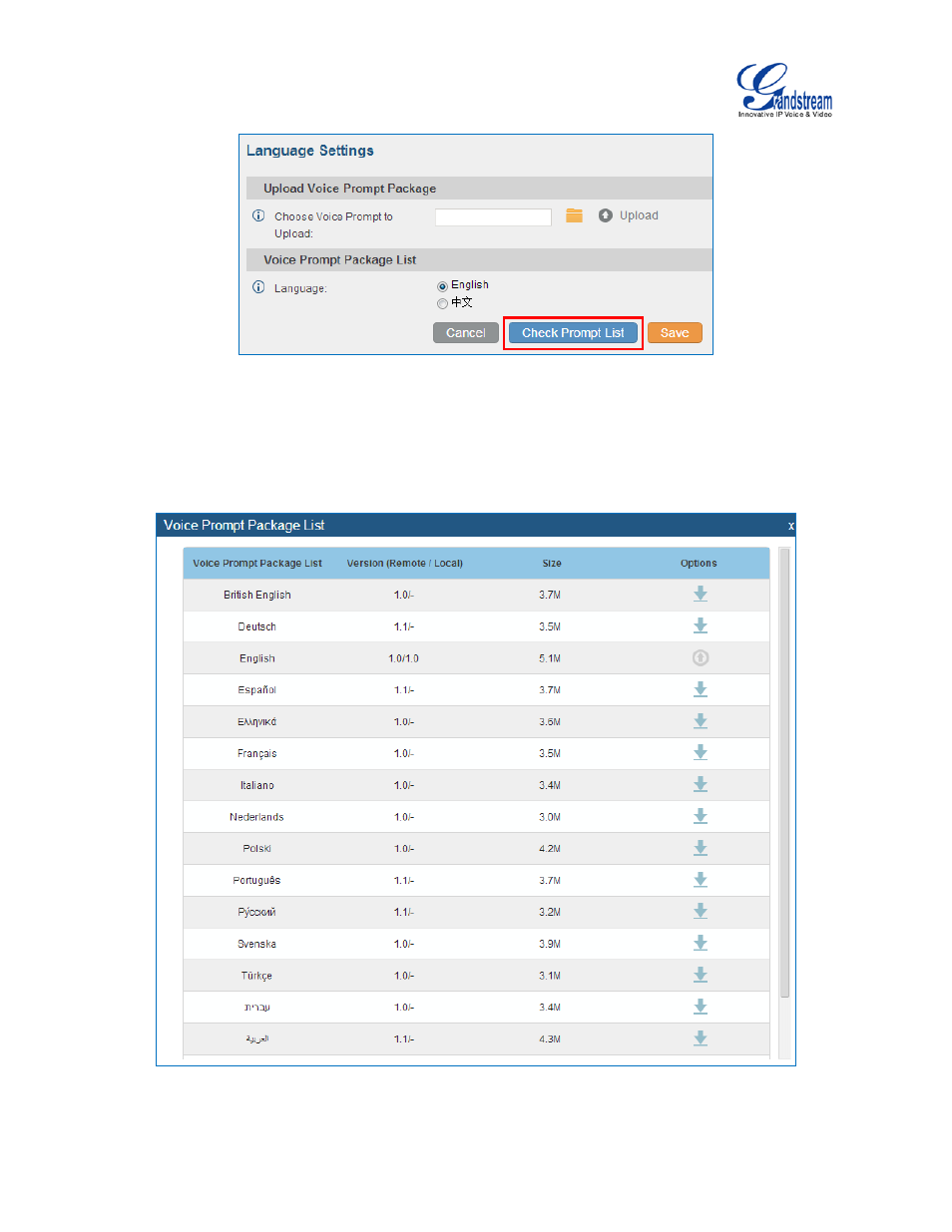 Figure 105: language settings for voice prompt, Figure 106: voice prompt package list | Grandstream UCM6510 User Manual User Manual | Page 199 / 314