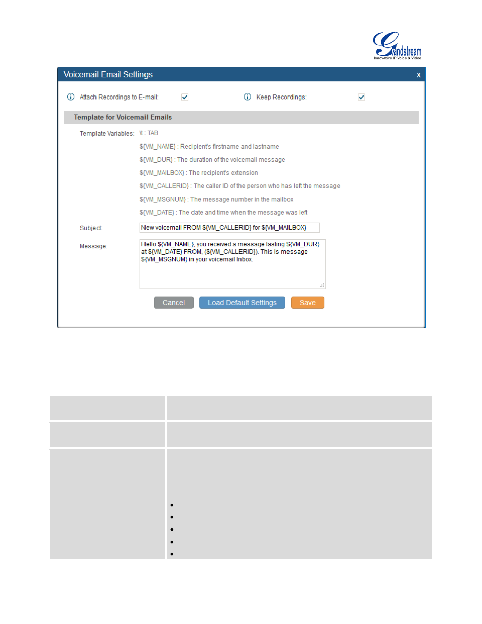 Table 70: voicemail email settings, Figure 108: voicemail email settings, Table 70: voicemail email | Settings | Grandstream UCM6510 User Manual User Manual | Page 205 / 314