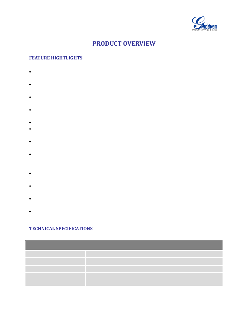 Product overview, Feature hightlights, Technical specifications | Table 1: technical specifications | Grandstream UCM6510 User Manual User Manual | Page 22 / 314