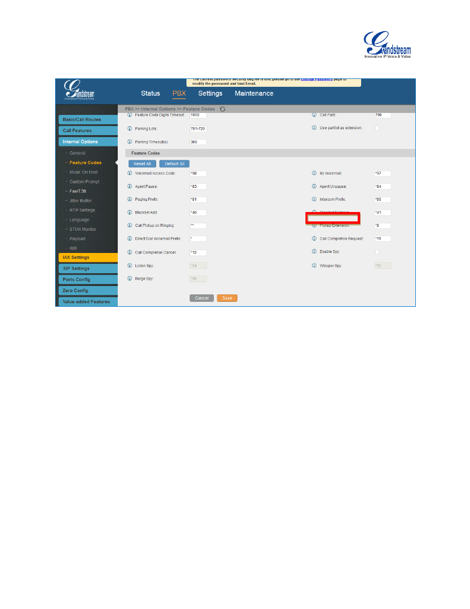 Figure 122: edit pickup feature code | Grandstream UCM6510 User Manual User Manual | Page 221 / 314