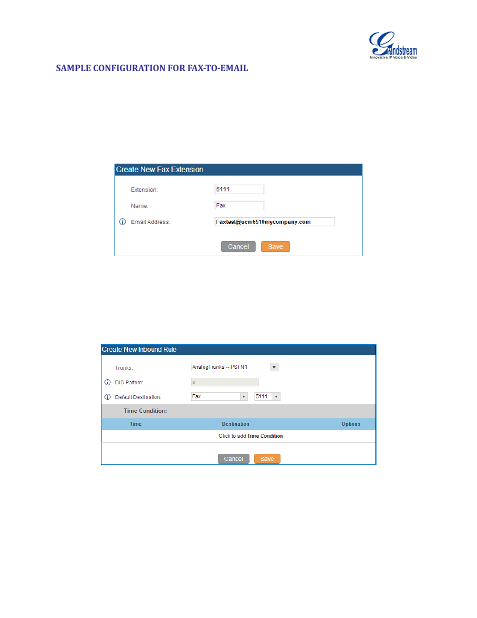 Sample configuration for fax-to-email, Figure 127: create fax extension, Figure 128: inbound route to fax extension | Grandstream UCM6510 User Manual User Manual | Page 227 / 314