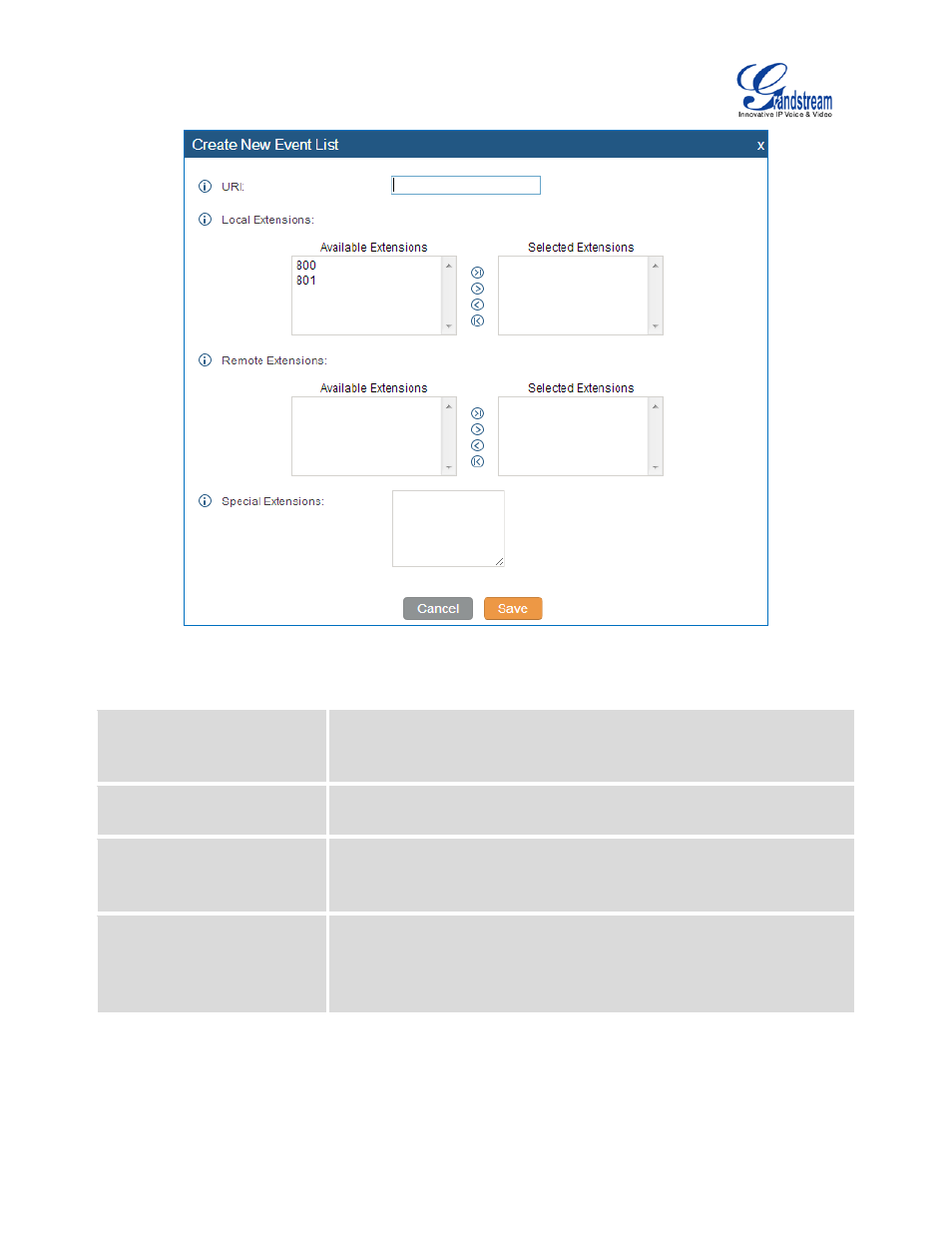 Table 80: event list settings, Figure 134: create new event list | Grandstream UCM6510 User Manual User Manual | Page 239 / 314