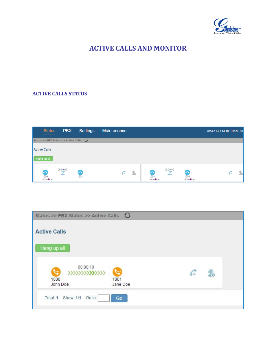 Active calls and monitor, Active calls status, Active calls and | Monitor | Grandstream UCM6510 User Manual User Manual | Page 246 / 314