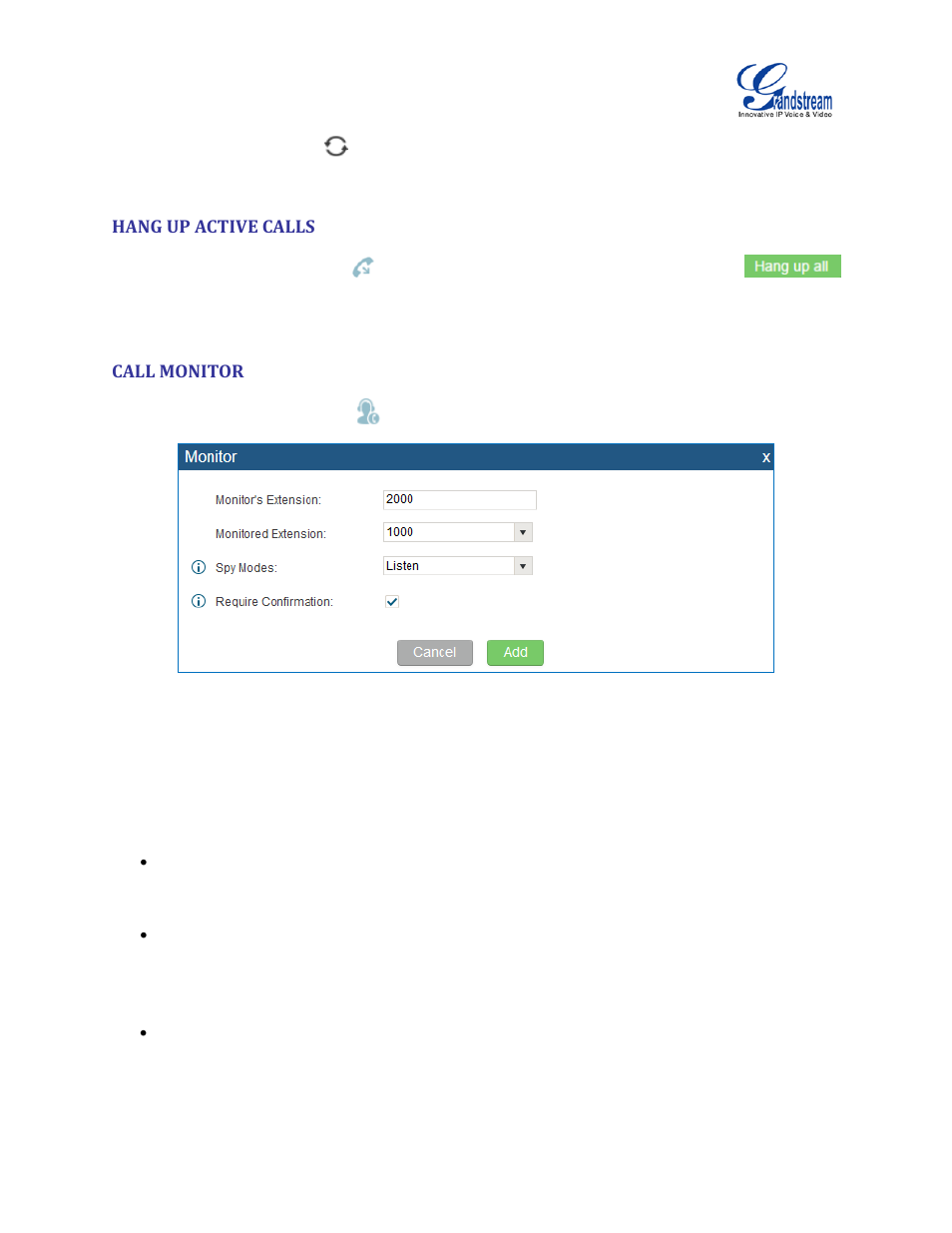 Hang up active calls, Call monitor, Figure 141: configure to monitor an active call | Grandstream UCM6510 User Manual User Manual | Page 247 / 314