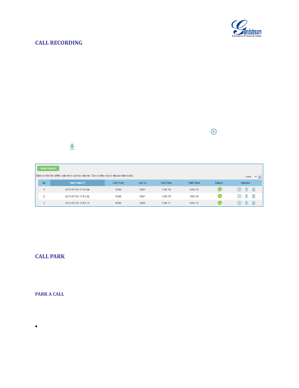 Call recording, Call park, Park a call | Grandstream UCM6510 User Manual User Manual | Page 254 / 314