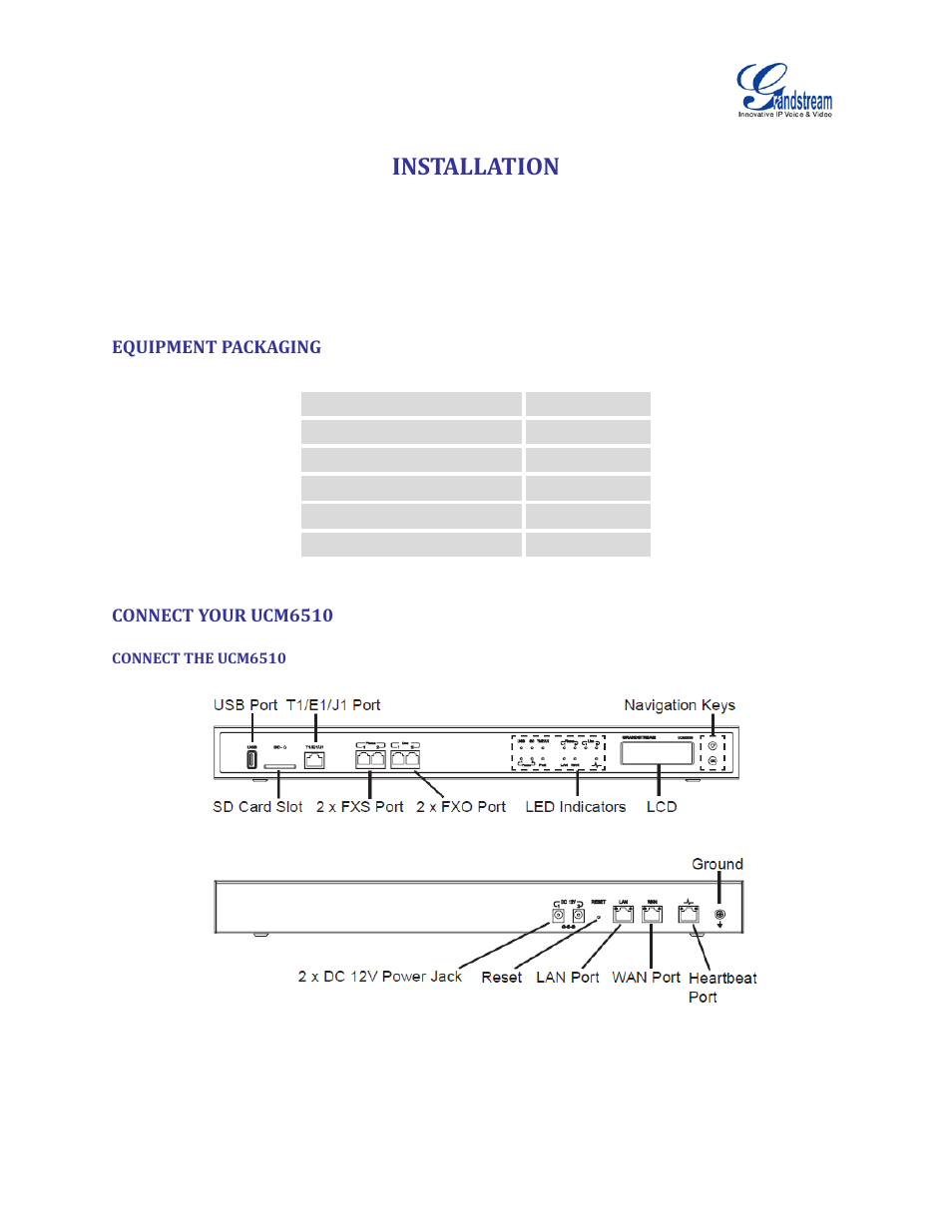 Installation, Equipment packaging, Connect your ucm6510 | Connect the ucm6510, Table 2: ucm6510 equipment packaging, Figure 1: ucm6510 front view, Figure 2: ucm6510 back view | Grandstream UCM6510 User Manual User Manual | Page 26 / 314