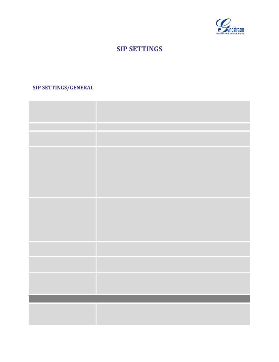 Sip settings, Sip settings/general, Table 89: sip settings/general | Grandstream UCM6510 User Manual User Manual | Page 262 / 314