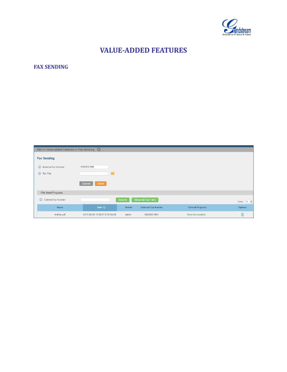 Value-added features, Fax sending, Figure 143: fax sending in web ui | Grandstream UCM6510 User Manual User Manual | Page 268 / 314