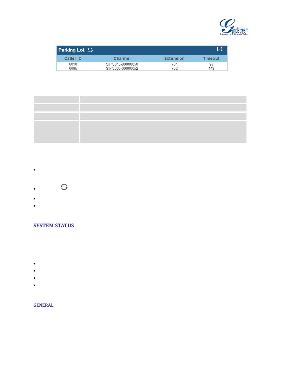 System status, General, Table 100: parking lot status | Figure 150: parking lot status | Grandstream UCM6510 User Manual User Manual | Page 278 / 314