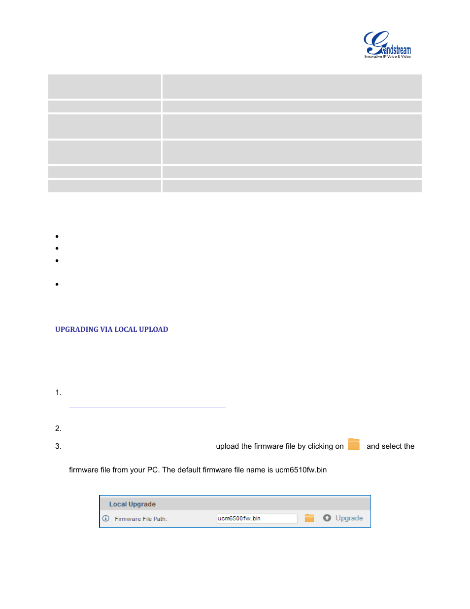 Upgrading via local upload, Table 107: network upgrade configuration, Figure 172: local upgrade | Grandstream UCM6510 User Manual User Manual | Page 299 / 314