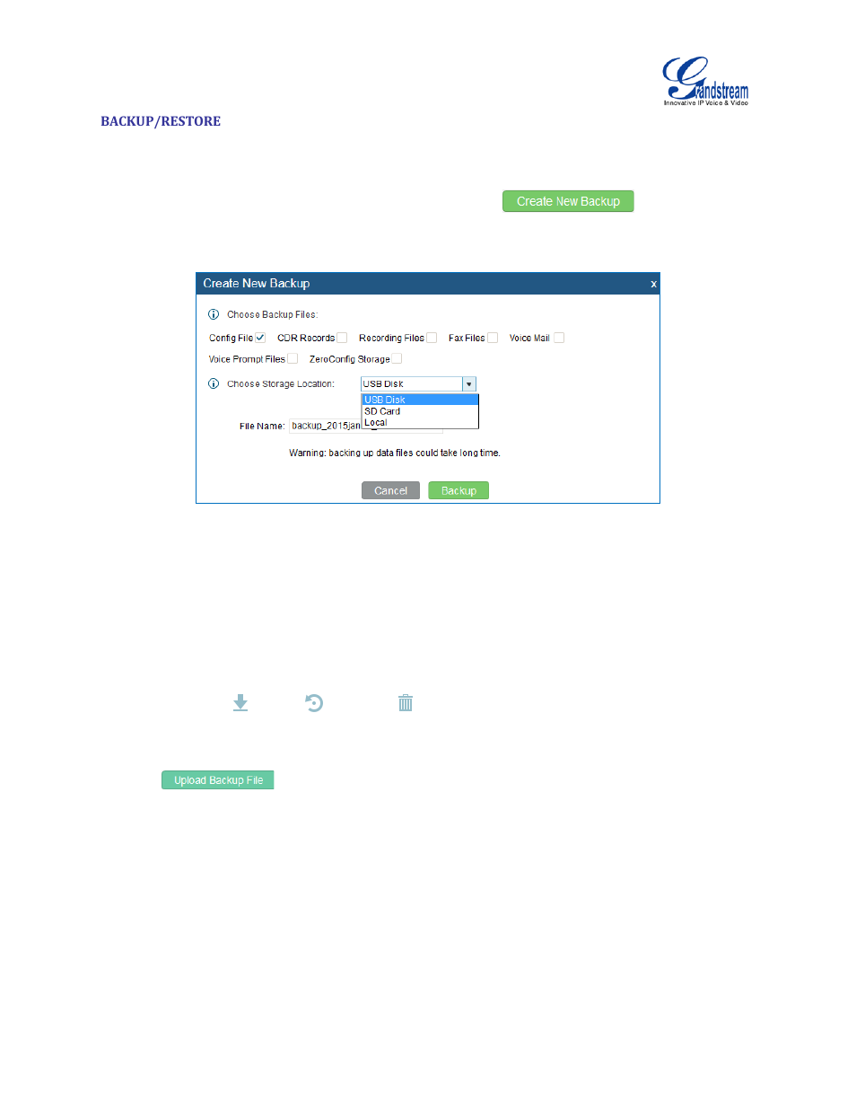 Backup/restore, Figure 175: create new backup | Grandstream UCM6510 User Manual User Manual | Page 302 / 314