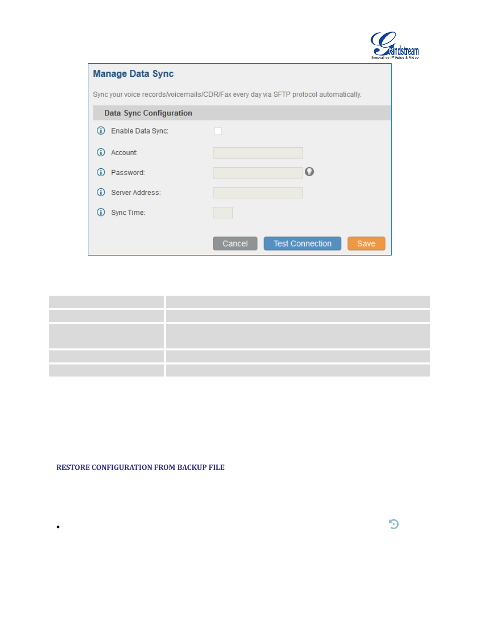 Restore configuration from backup file, Table 108: data sync configuration, Figure 178: data sync | Grandstream UCM6510 User Manual User Manual | Page 304 / 314