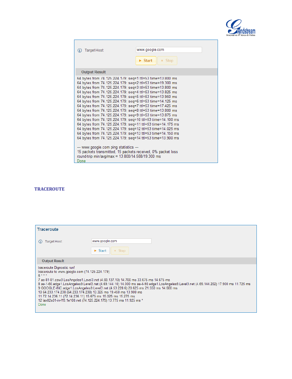 Traceroute, Figure 183: ping, Figure 184: traceroute | Grandstream UCM6510 User Manual User Manual | Page 309 / 314