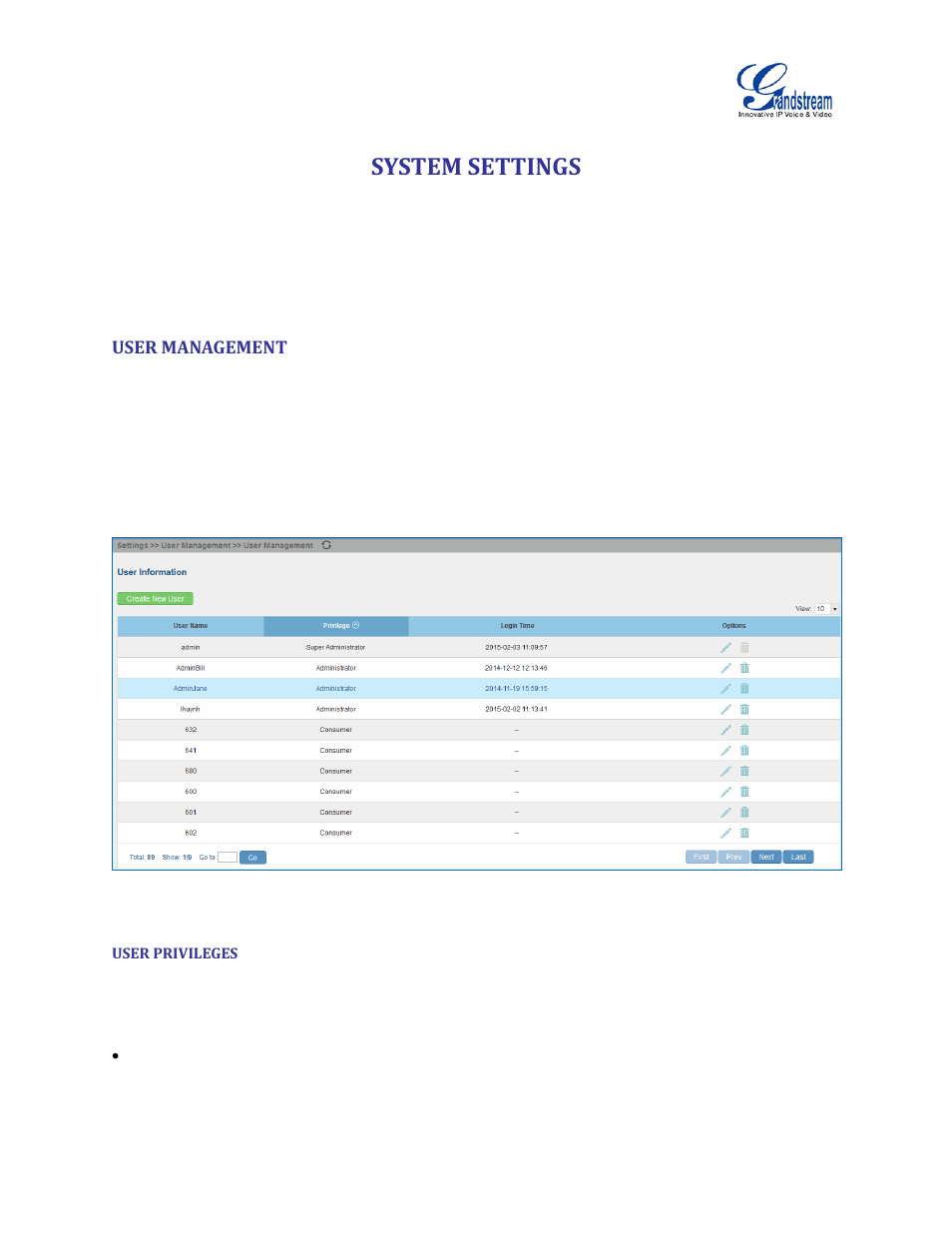 System settings, User management, User privileges | Grandstream UCM6510 User Manual User Manual | Page 38 / 314